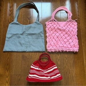 BUNDLE OF 3 Vintage Gray Tote Bag, Pink Net Tote Bag and Red White Knit Purse